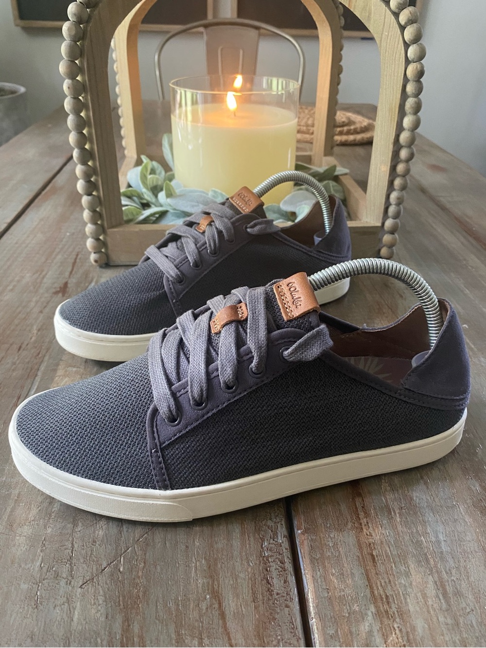 OluKai Pehuea Li Drop In Heel Sneakers Lace Up Slip On Boat Shoe Womens 9.5 Gray